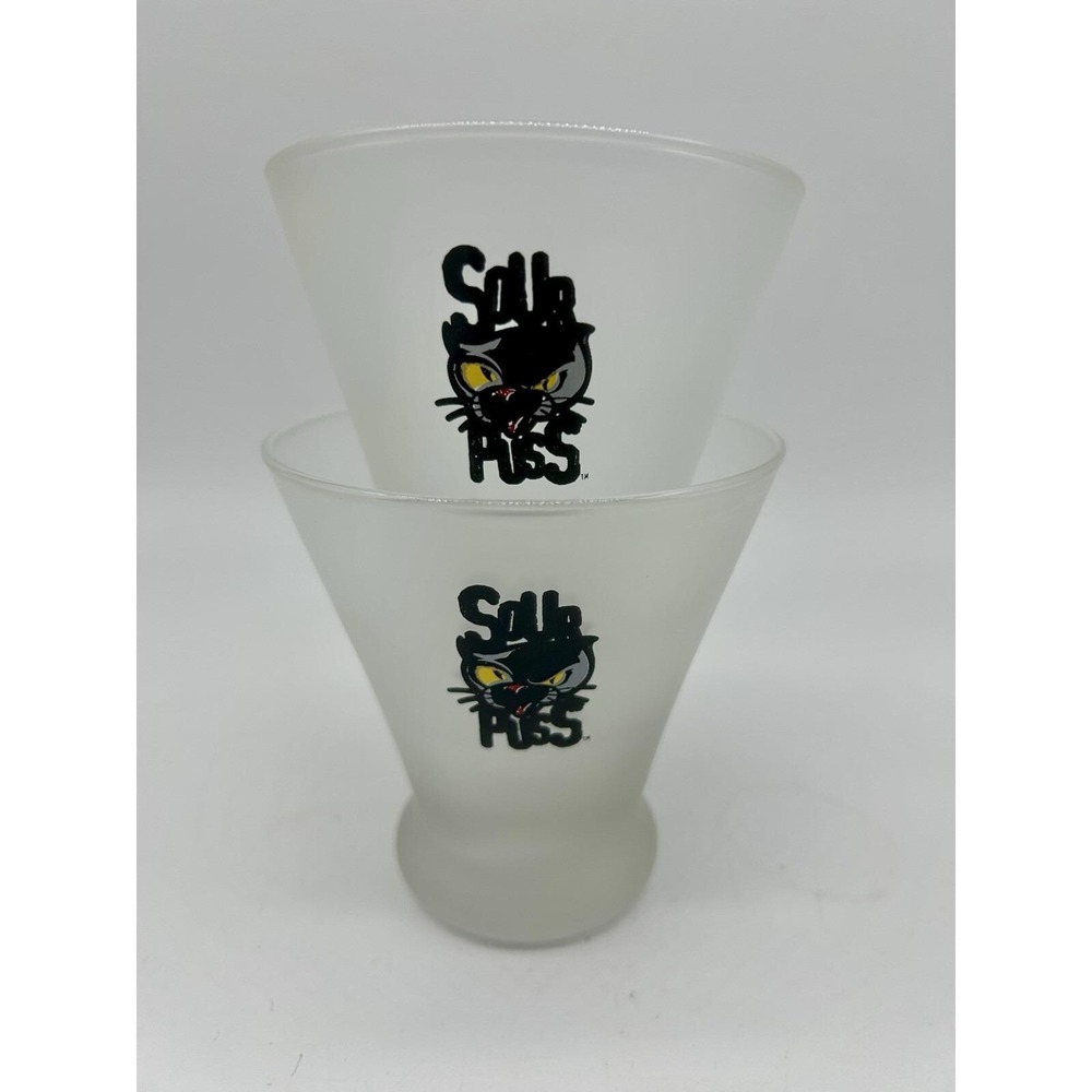 Sour Puss Glasses Set Of 2 Cocktail Glasses Cat Logo Liquor Frosted Glass